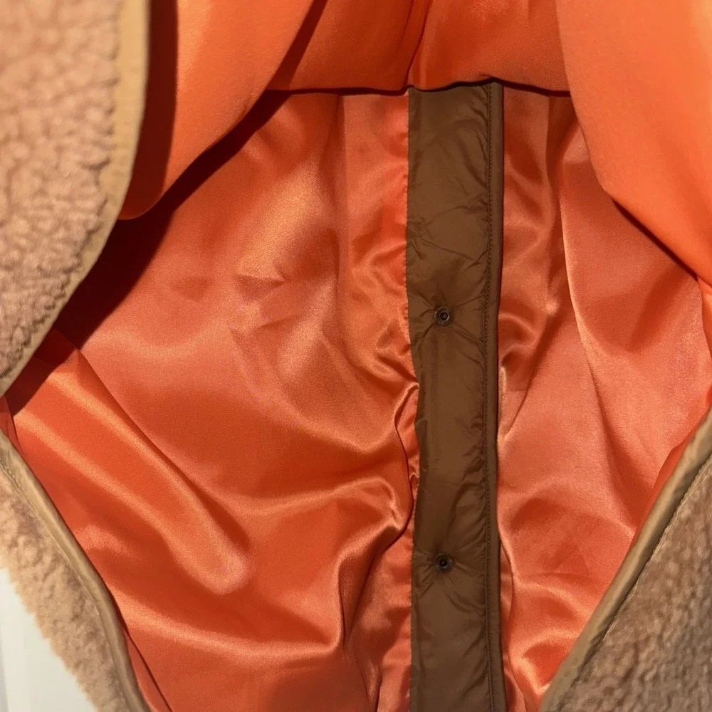 VERONICA BEARD Jeans Mid Thigh Tan Sullie Sherpa Teddy Coat Jacket Sz Medium - Picture 6 of 9
